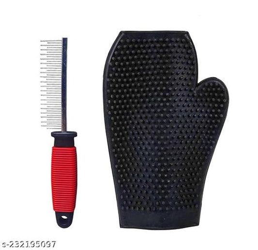 Stainless Steel Comb with Grooming Gloves for Pet (Multicolor, Set of 2)